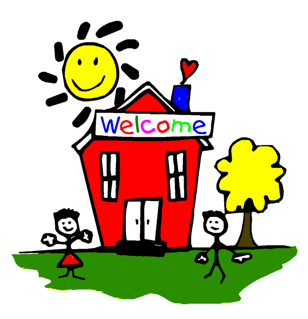 welcome  schoolhouse with stick figures